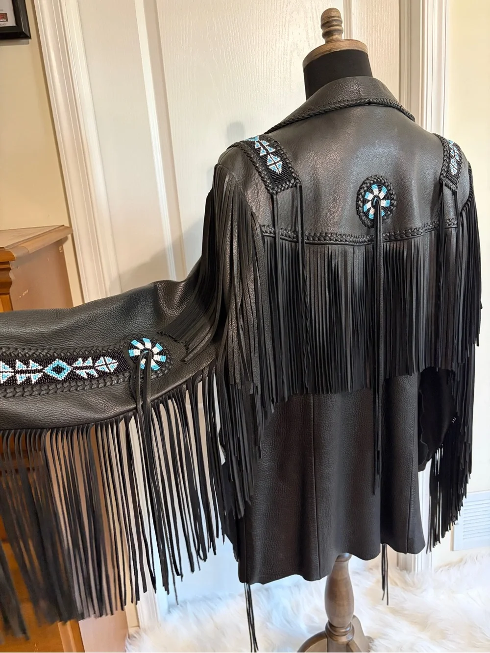 Arturo Arocha Black Leather Western Beaded Fringe Jacket 44